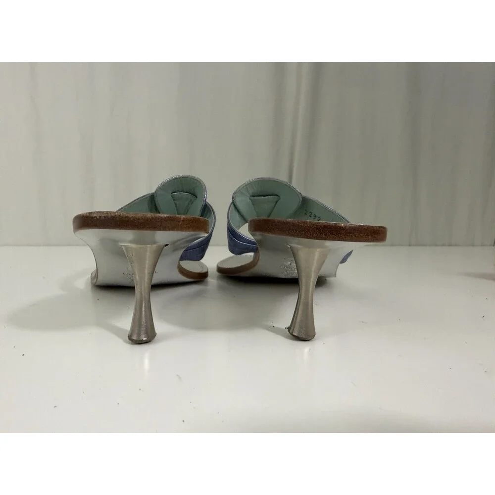 Sigerson Morrison Kitten Heel Sandals Thong Metallic Blue Sz 8.5 Y2K Fashion